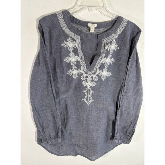 J. Crew Women’s XS Gray w/White Embroidery 100% Cotton Blouse Long Sleeve Tunic - Picture 3 of 7
